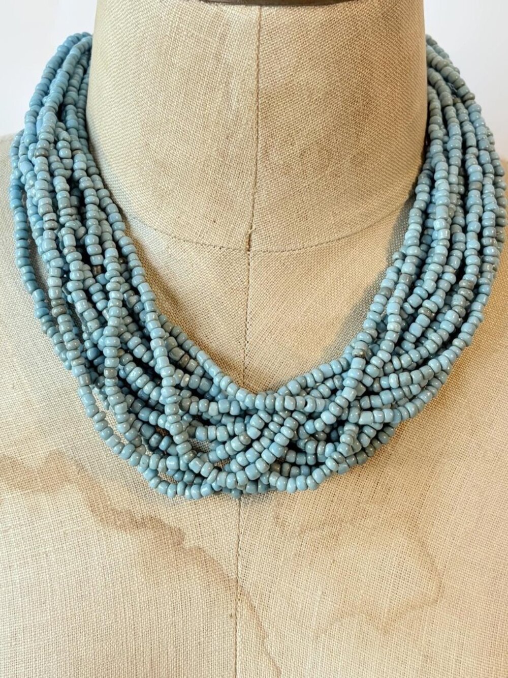 Vintage Blue Seed Bead Multi Strand Necklace: Glass Beads Boho Bohemian